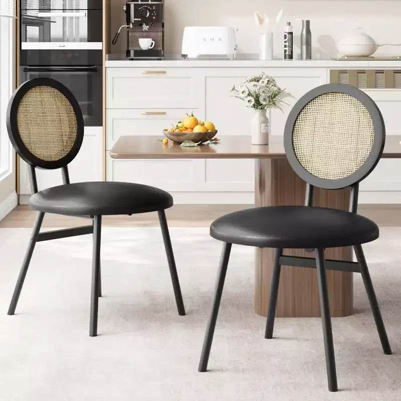 Chaises de salle à manger modernes rembourrées | Ensemble contemporain avec dossier en rotin naturel, pieds en métal | Conception peu encombrante pour la salle à manger