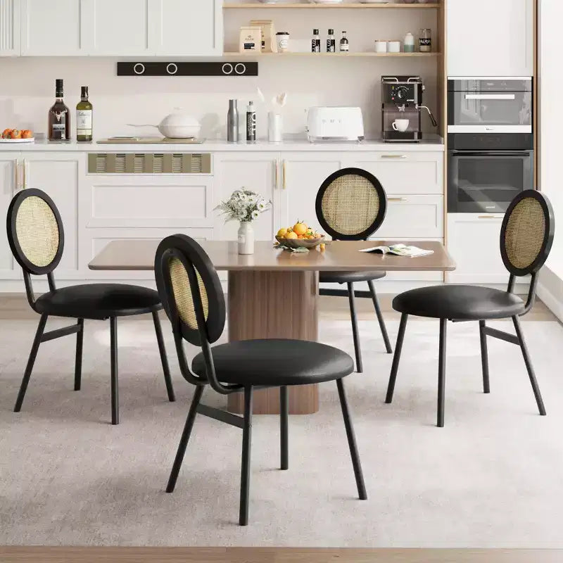 Chaises de salle à manger modernes rembourrées | Ensemble contemporain avec dossier en rotin naturel, pieds en métal | Conception peu encombrante pour la salle à manger
