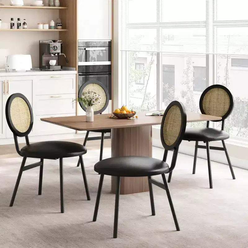 Chaises de salle à manger modernes rembourrées | Ensemble contemporain avec dossier en rotin naturel, pieds en métal | Conception peu encombrante pour la salle à manger