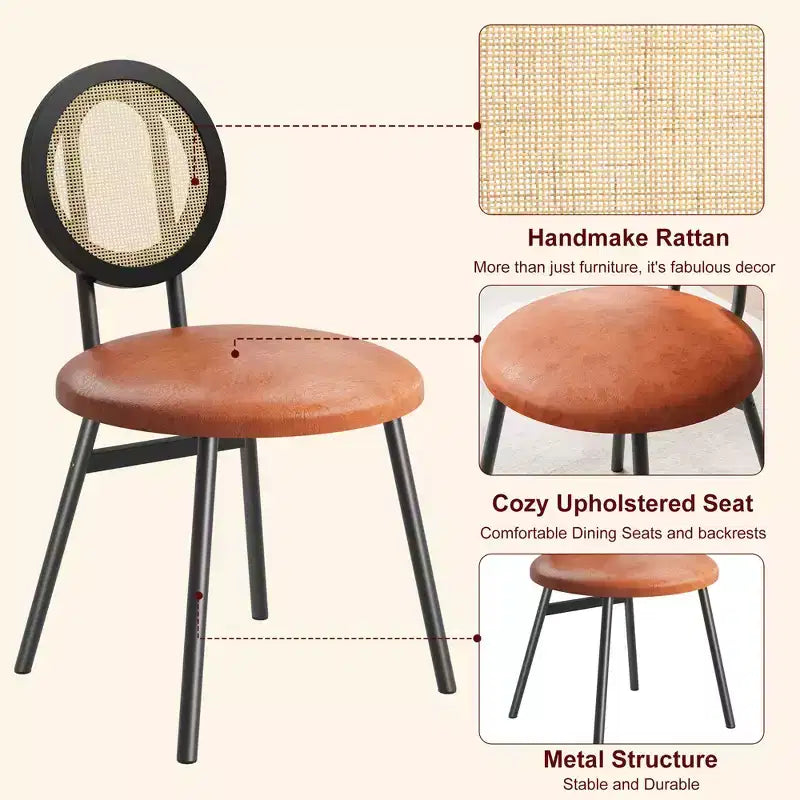 Chaises de salle à manger modernes rembourrées | Ensemble contemporain avec dossier en rotin naturel, pieds en métal | Conception peu encombrante pour la salle à manger