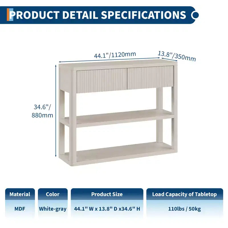 Console étroite de 88 cm de haut avec 3 étagères de rangement, table d'entrée en bois cannelé à placer derrière le canapé, avec 2 tiroirs pour le salon ou le couloir, blanc gris
