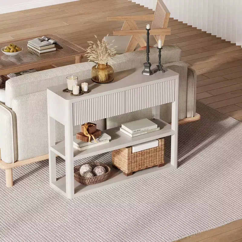 Console étroite de 88 cm de haut avec 3 étagères de rangement, table d'entrée en bois cannelé à placer derrière le canapé, avec 2 tiroirs pour le salon ou le couloir, blanc gris