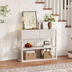 Console étroite de 88 cm de haut avec 3 étagères de rangement, table d'entrée en bois cannelé à placer derrière le canapé, avec 2 tiroirs pour le salon ou le couloir, blanc gris