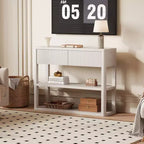 Console étroite de 88 cm de haut avec 3 étagères de rangement, table d'entrée en bois cannelé à placer derrière le canapé, avec 2 tiroirs pour le salon ou le couloir, blanc gris