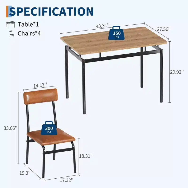Ensemble de table à manger 5 pièces, ensemble de table de cuisine en bois avec 4 chaises rembourrées en PU, ensemble de dînette à cadre métallique industriel pour salle à manger, dîner à la maison, fête