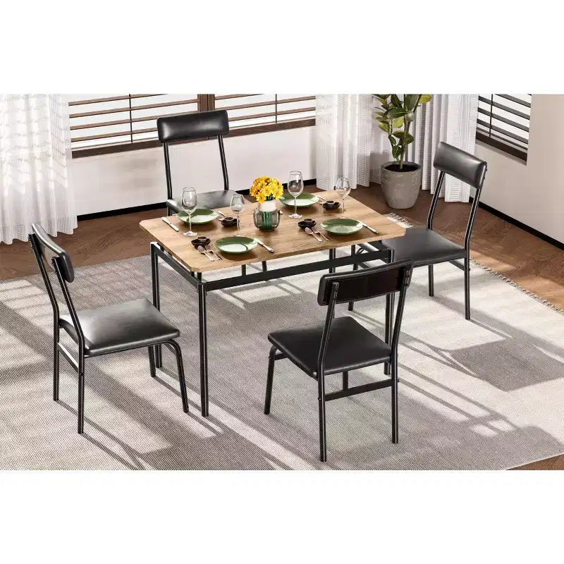 Ensemble de table à manger 5 pièces, ensemble de table de cuisine en bois avec 4 chaises rembourrées en PU, ensemble de dînette à cadre métallique industriel pour salle à manger, dîner à la maison, fête
