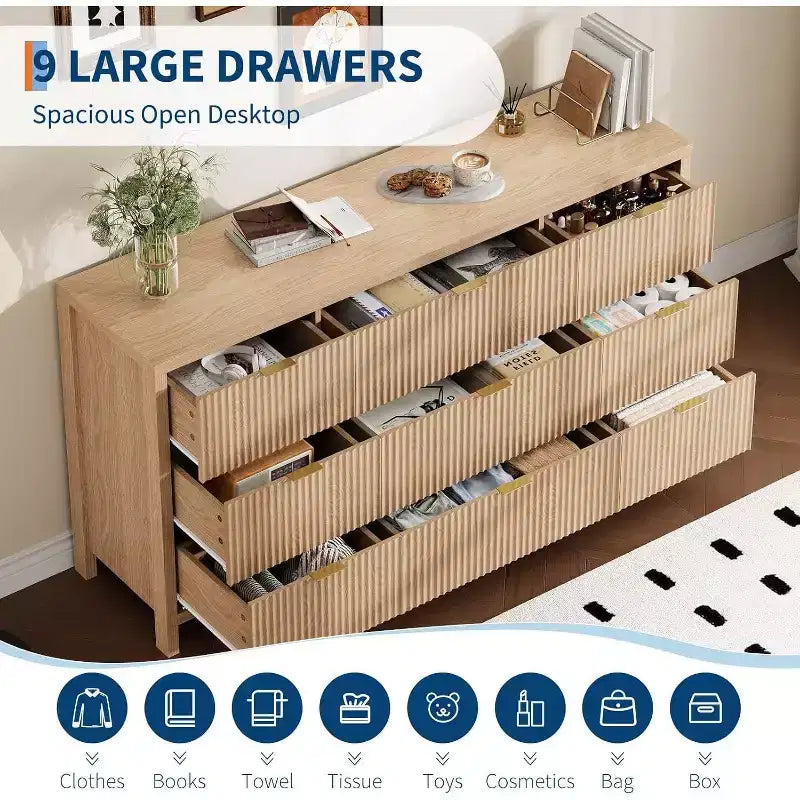 Commode 9 tiroirs style ferme pour chambre - Commode en bois étroite, rainurée, style moderne du milieu du siècle, organisateur de rangement pour placard ou salon
