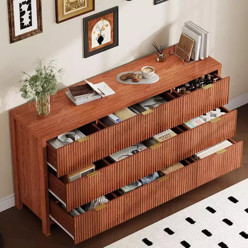 Commode 9 tiroirs style ferme pour chambre - Commode en bois étroite, rainurée, style moderne du milieu du siècle, organisateur de rangement pour placard ou salon
