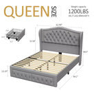 Cadre de lit Dyonery Queen, 52,6 pouces de hauteur, avec deux tiroirs, emballage doux en velours, tête de lit capitonnée en losanges, rivets vintage et design à ailes.