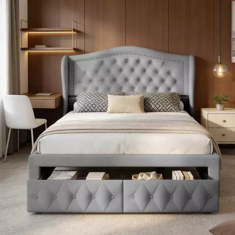 Cadre de lit Dyonery Queen, 52,6 pouces de hauteur, avec deux tiroirs, emballage doux en velours, tête de lit capitonnée en losanges, rivets vintage et design à ailes.