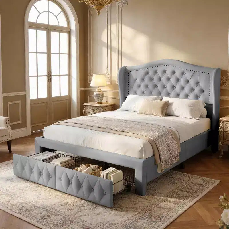 Cadre de lit Dyonery Queen, 52,6 pouces de hauteur, avec deux tiroirs, emballage doux en velours, tête de lit capitonnée en losanges, rivets vintage et design à ailes.