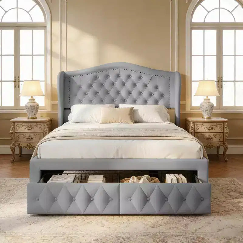 Cadre de lit Dyonery Queen, 52,6 pouces de hauteur, avec deux tiroirs, emballage doux en velours, tête de lit capitonnée en losanges, rivets vintage et design à ailes.