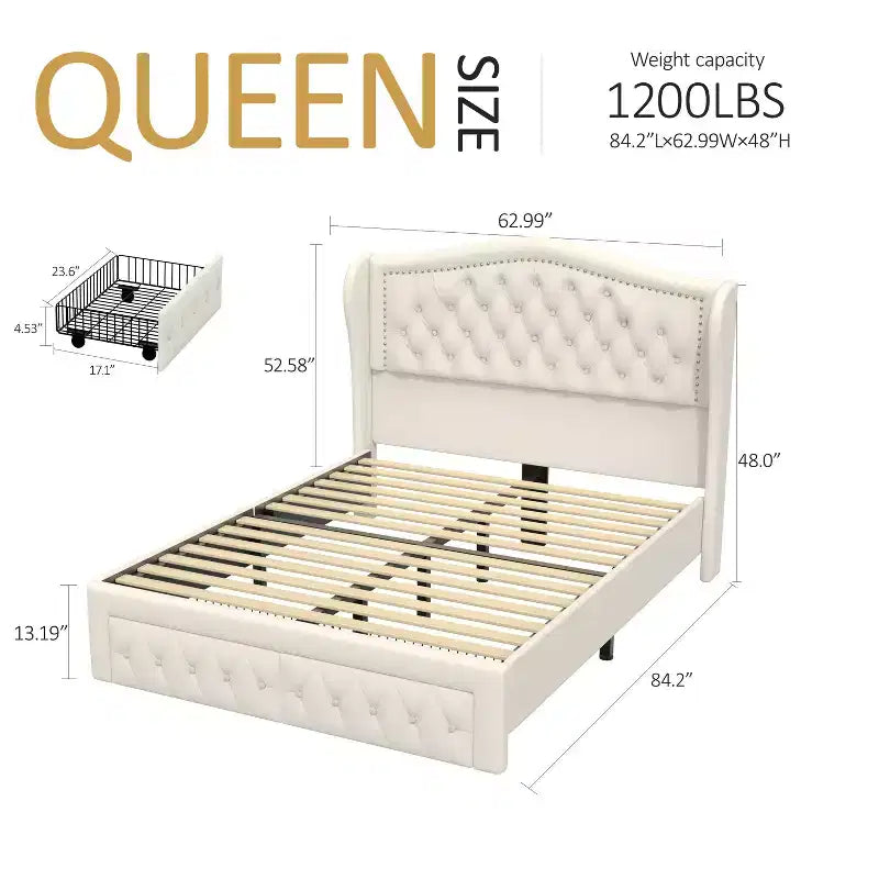 Cadre de lit Dyonery Queen, 52,6 pouces de hauteur, avec deux tiroirs, emballage doux en velours, tête de lit capitonnée en losanges, rivets vintage et design à ailes.
