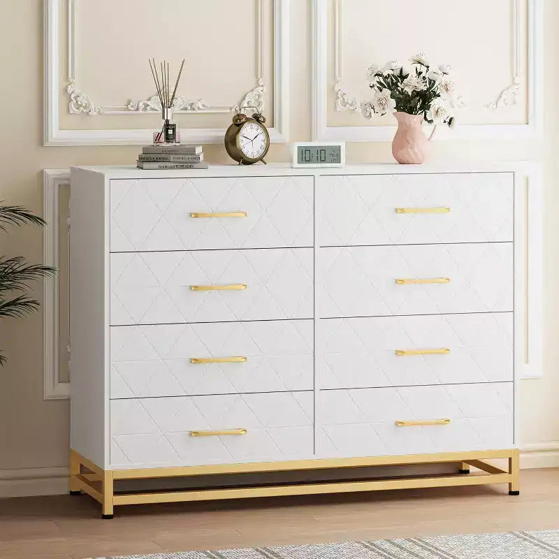 Commode haute moderne en bois à 8 tiroirs, glissières à fermeture douce et kit anti-basculement, meuble de rangement peu encombrant pour chambre, placard, enfants et chambre de bébé