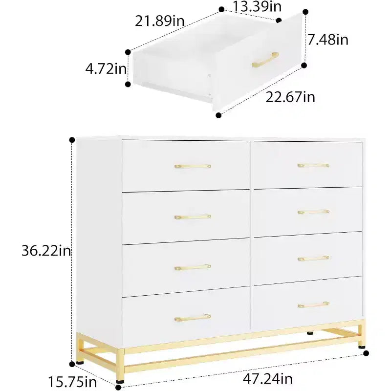 Commode haute moderne en bois à 8 tiroirs, glissières à fermeture douce et kit anti-basculement, meuble de rangement peu encombrant pour chambre, placard, enfants et chambre de bébé