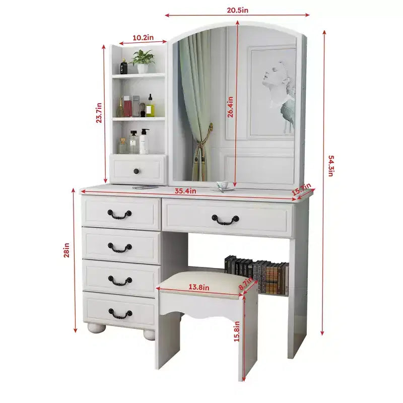 Coiffeuse avec miroir LED et lumières, table de maquillage avec 6 tiroirs, 3 modes de couleur, blanc