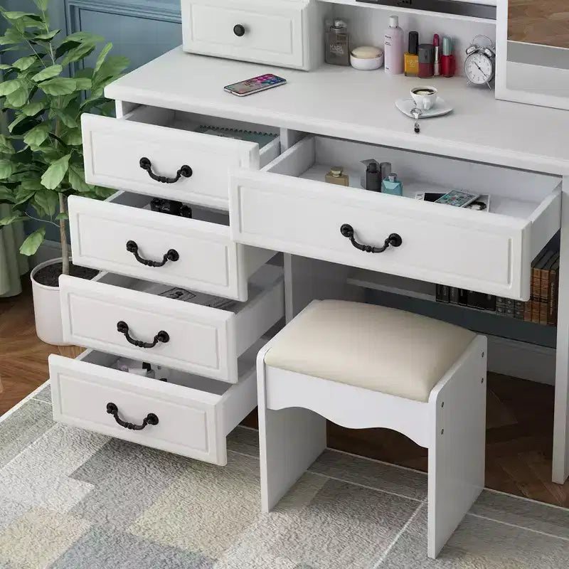 Coiffeuse avec miroir LED et lumières, table de maquillage avec 6 tiroirs, 3 modes de couleur, blanc
