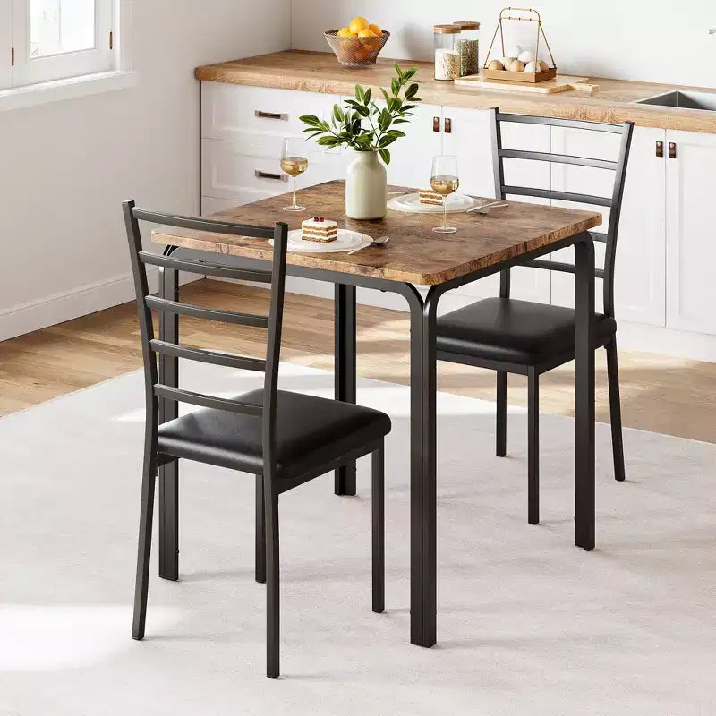 Dining Tables for 2, Kitchen Table and Chairs, Square Dining Table with 2 Metal and Wood Chairs, for Small Spaces, Apartment