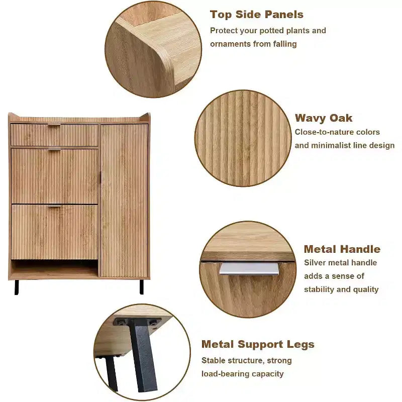 Fluted Shoe Storage Cabient with 2 Flip Drawers, Modern Wooden Narrow Shoe Organizer, Tall Slim Hidden Shoe Rack Shoe Holder for Entryway, Oak