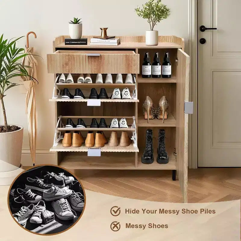 Fluted Shoe Storage Cabient with 2 Flip Drawers, Modern Wooden Narrow Shoe Organizer, Tall Slim Hidden Shoe Rack Shoe Holder for Entryway, Oak