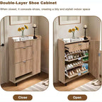 Fluted Shoe Storage Cabient with 2 Flip Drawers, Modern Wooden Narrow Shoe Organizer, Tall Slim Hidden Shoe Rack Shoe Holder for Entryway, Oak