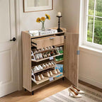 Fluted Shoe Storage Cabient with 2 Flip Drawers, Modern Wooden Narrow Shoe Organizer, Tall Slim Hidden Shoe Rack Shoe Holder for Entryway, Oak
