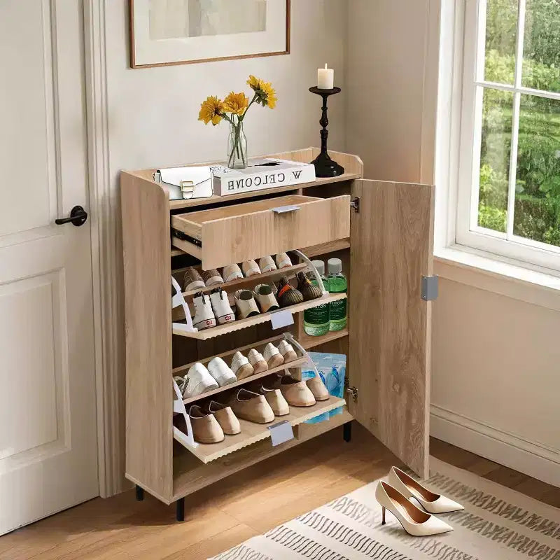 Fluted Shoe Storage Cabient with 2 Flip Drawers, Modern Wooden Narrow Shoe Organizer, Tall Slim Hidden Shoe Rack Shoe Holder for Entryway, Oak