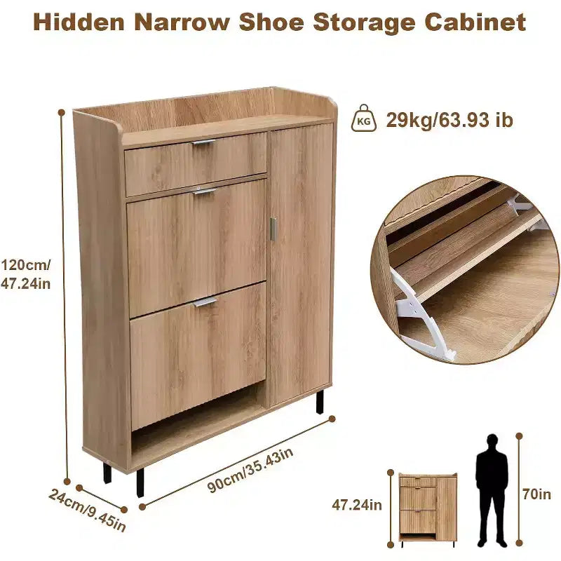 Fluted Shoe Storage Cabient with 2 Flip Drawers, Modern Wooden Narrow Shoe Organizer, Tall Slim Hidden Shoe Rack Shoe Holder for Entryway, Oak