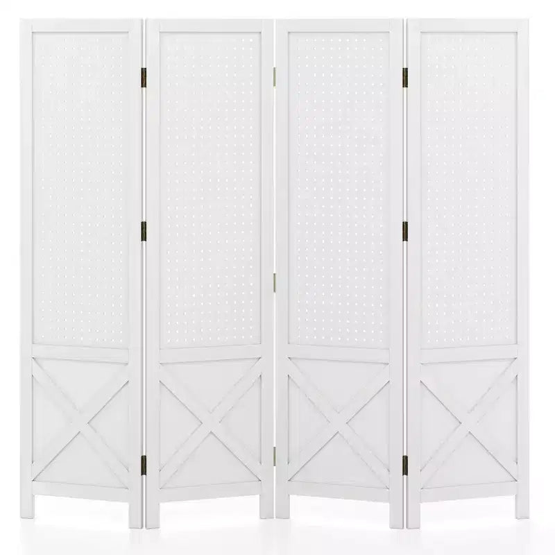 Costway Paravent de Présentation Perforé à 4 Panneaux, Séparateur de Pièce Pliant de 1,43 m, Écran Autoportant Blanc/Naturel
