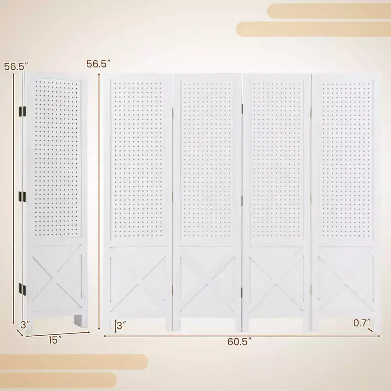 Costway Paravent de Présentation Perforé à 4 Panneaux, Séparateur de Pièce Pliant de 1,43 m, Écran Autoportant Blanc/Naturel