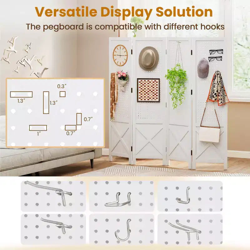 Costway Paravent de Présentation Perforé à 4 Panneaux, Séparateur de Pièce Pliant de 1,43 m, Écran Autoportant Blanc/Naturel