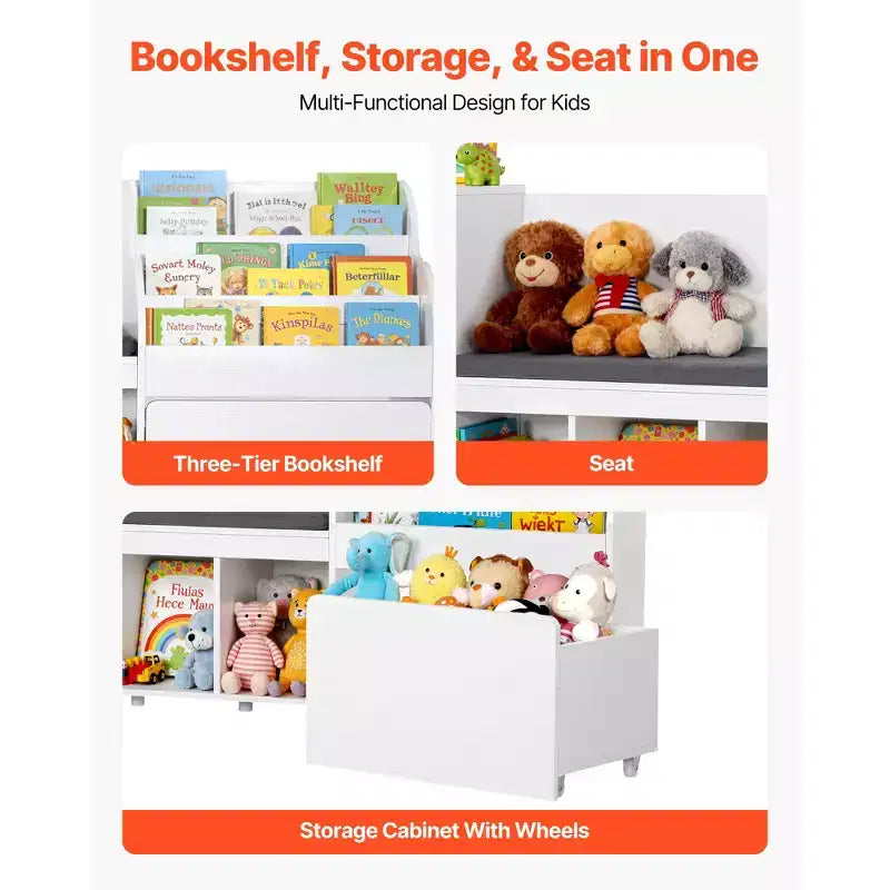VEVOR Coin de Lecture pour Enfants, Banc de Rangement en Bois avec Dossier, Bibliothèque et Organisateur de Jouets pour Enfants, Grand Coffre à Jouets pour Salle de Jeux, Salon, Blanc