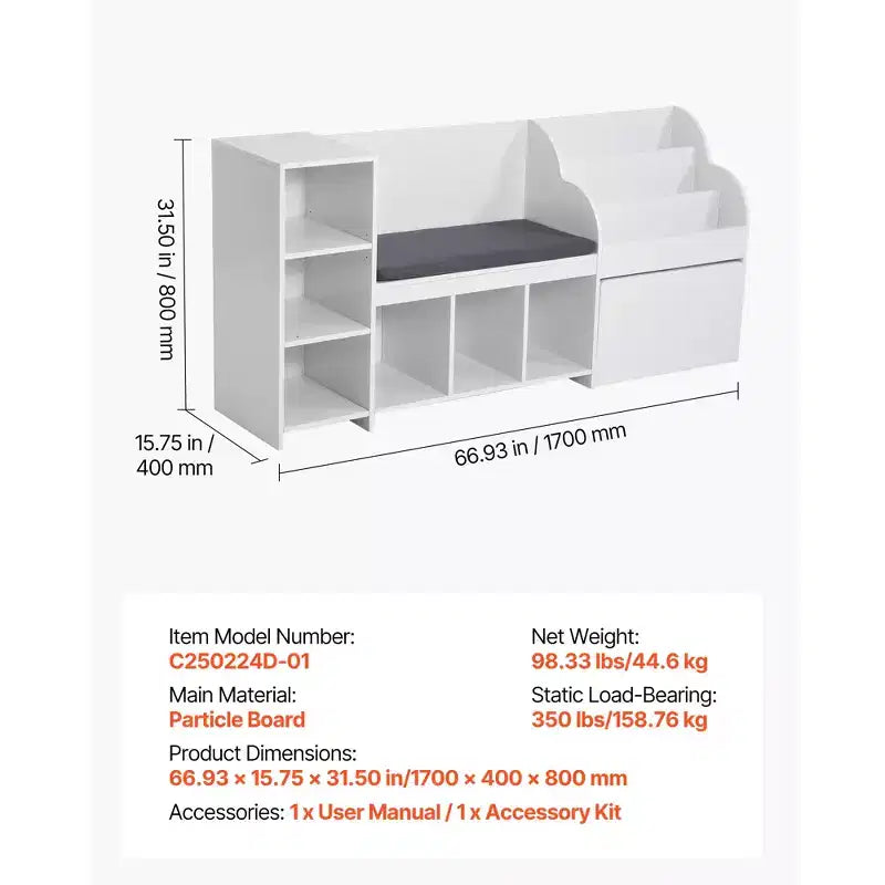 VEVOR Coin de Lecture pour Enfants, Banc de Rangement en Bois avec Dossier, Bibliothèque et Organisateur de Jouets pour Enfants, Grand Coffre à Jouets pour Salle de Jeux, Salon, Blanc