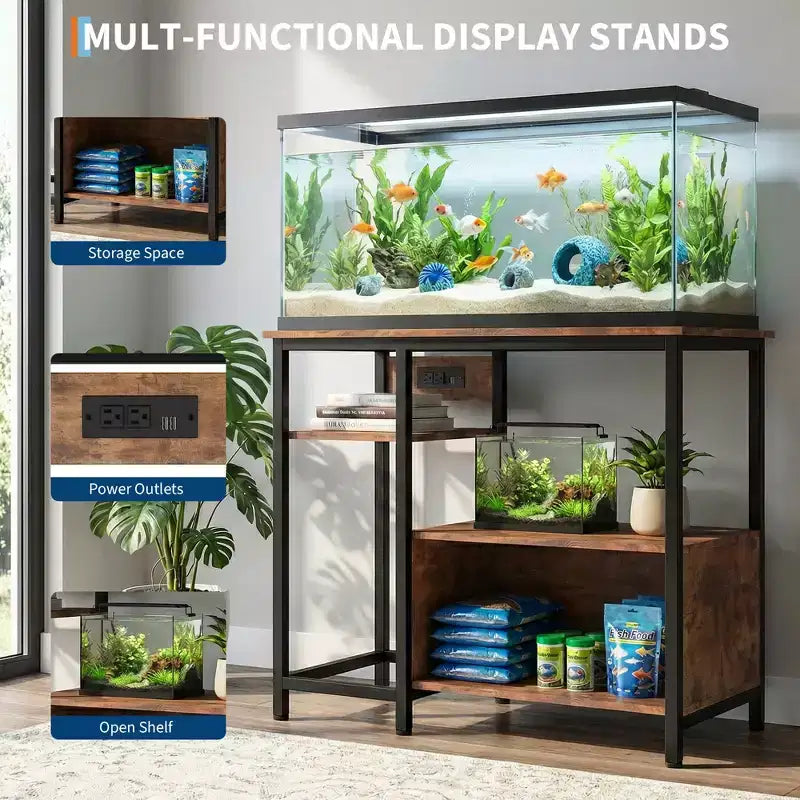 Support d'aquarium robuste de 150 à 190 litres avec prises de courant, support d'aquarium en métal et bois avec étagères ouvertes à 4 niveaux, pour terrarium de tortue et de reptile