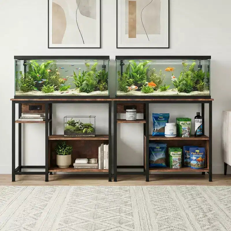 Support d'aquarium robuste de 150 à 190 litres avec prises de courant, support d'aquarium en métal et bois avec étagères ouvertes à 4 niveaux, pour terrarium de tortue et de reptile
