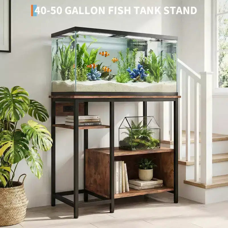 Support d'aquarium robuste de 150 à 190 litres avec prises de courant, support d'aquarium en métal et bois avec étagères ouvertes à 4 niveaux, pour terrarium de tortue et de reptile