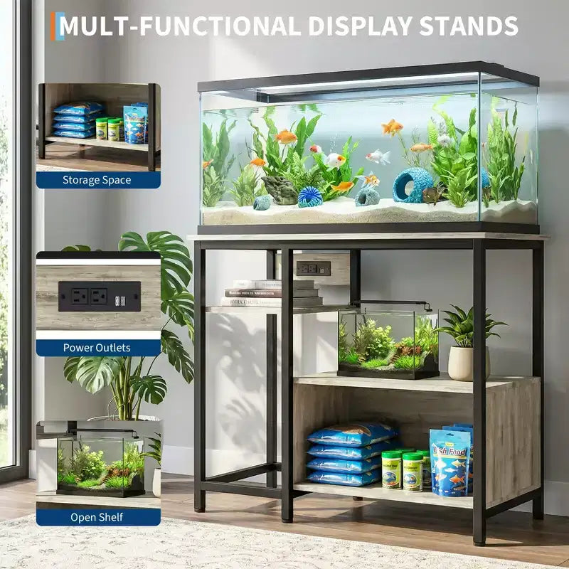 Support d'aquarium robuste de 150 à 190 litres avec prises de courant, support d'aquarium en métal et bois avec étagères ouvertes à 4 niveaux, pour terrarium de tortue et de reptile