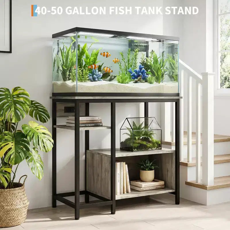 Support d'aquarium robuste de 150 à 190 litres avec prises de courant, support d'aquarium en métal et bois avec étagères ouvertes à 4 niveaux, pour terrarium de tortue et de reptile
