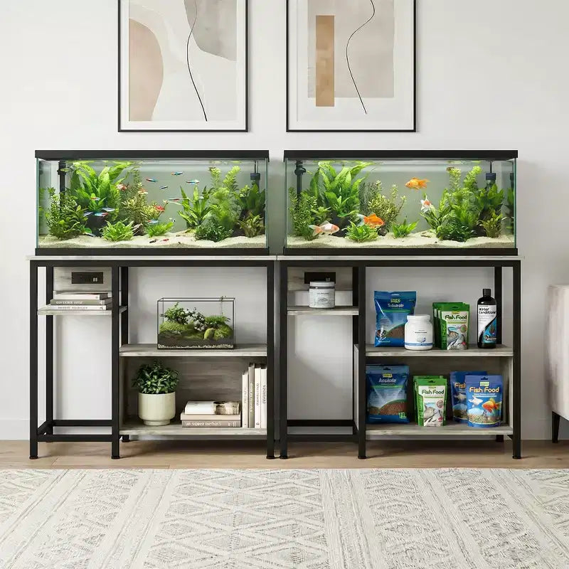 Support d'aquarium robuste de 150 à 190 litres avec prises de courant, support d'aquarium en métal et bois avec étagères ouvertes à 4 niveaux, pour terrarium de tortue et de reptile