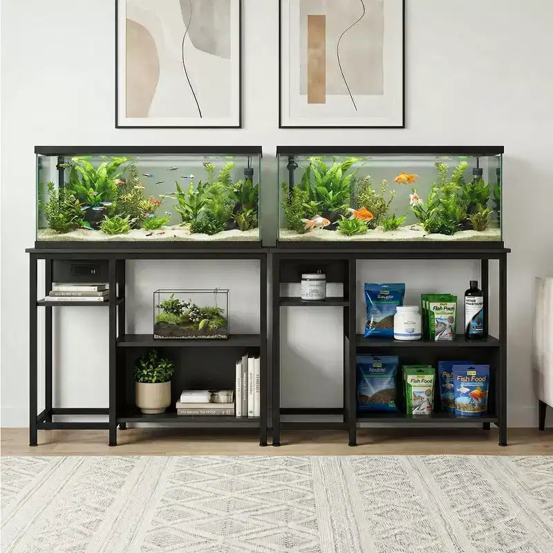 Support d'aquarium robuste de 150 à 190 litres avec prises de courant, support d'aquarium en métal et bois avec étagères ouvertes à 4 niveaux, pour terrarium de tortue et de reptile
