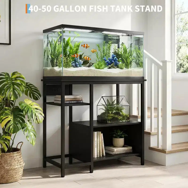 Support d'aquarium robuste de 150 à 190 litres avec prises de courant, support d'aquarium en métal et bois avec étagères ouvertes à 4 niveaux, pour terrarium de tortue et de reptile