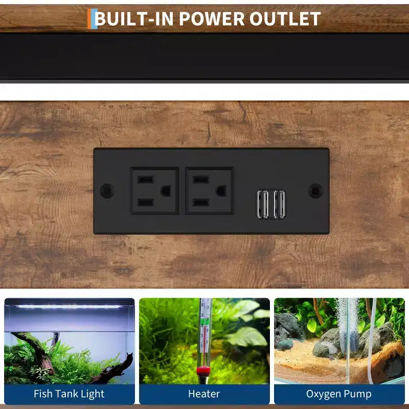Support d'aquarium robuste de 150 à 190 litres avec prises de courant, support d'aquarium en métal et bois avec étagères ouvertes à 4 niveaux, pour terrarium de tortue et de reptile
