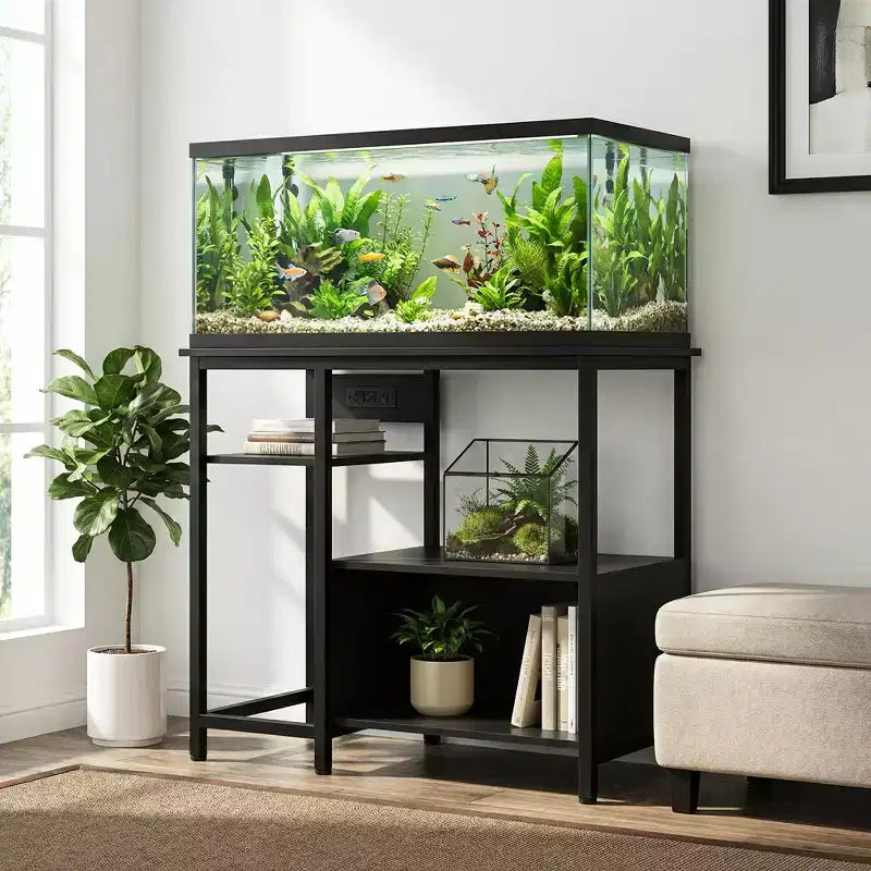 Heavy Duty 40-50 Gallon Aquarium Stand with Power Outlets, Metal & Wood Fish Tank Stand with 4-Tier Open Shelves, for Turtle & Reptile Terrarium