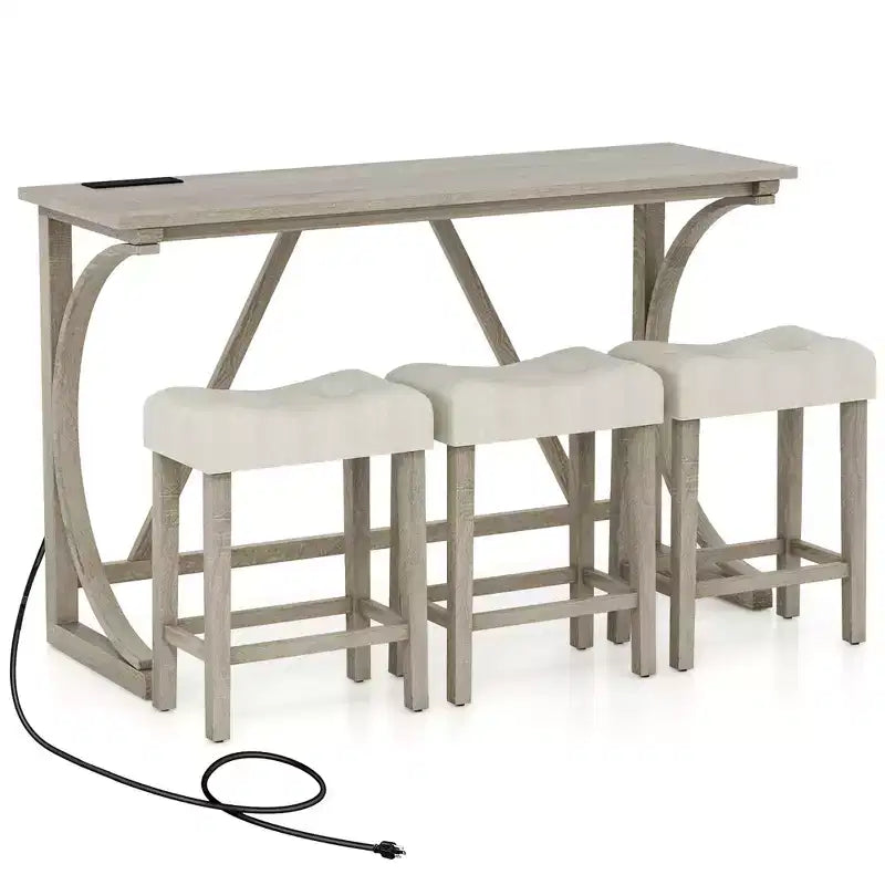 Costway 4-Piece Bar Table Set w/ Power Outlet Counter Height Bistro Table and Stools