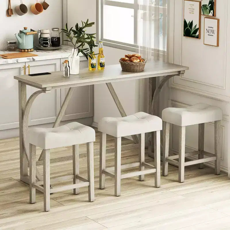 Ensemble table et tabourets de bar 4 pièces Costway avec prise de courant, table de bistrot hauteur comptoir