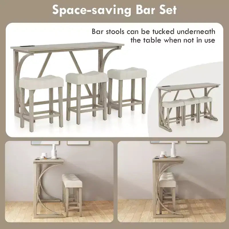 Ensemble table et tabourets de bar 4 pièces Costway avec prise de courant, table de bistrot hauteur comptoir
