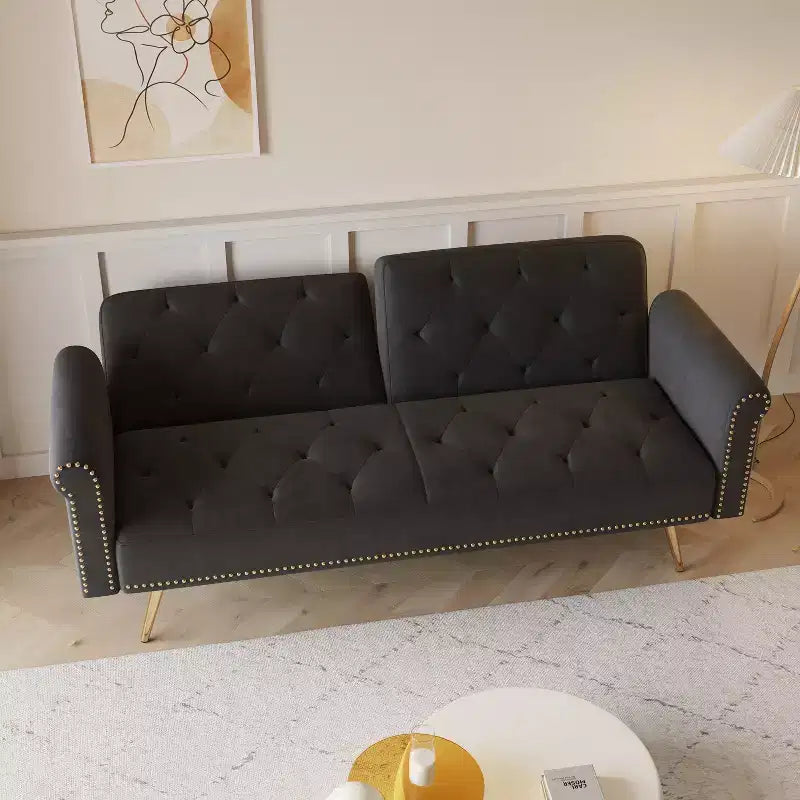 Canapé-lit moderne GDFStudio Ubon 70 en bois et velours, avec clous décoratifs et coussins