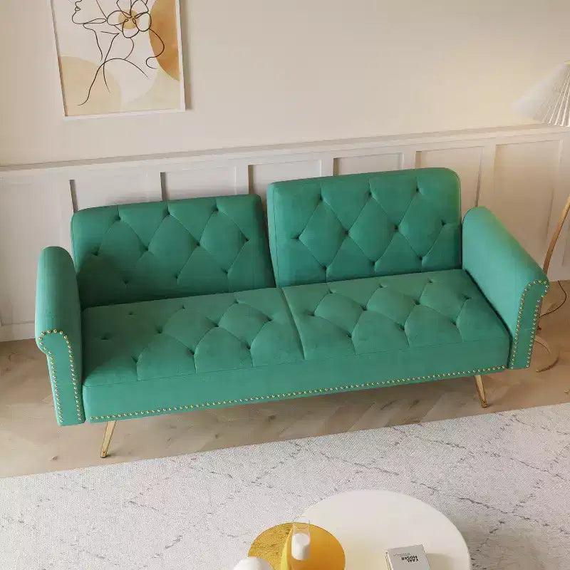 Canapé-lit moderne GDFStudio Ubon 70 en bois et velours, avec clous décoratifs et coussins