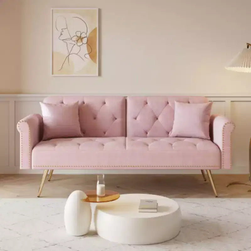 Canapé-lit moderne GDFStudio Ubon 70 en bois et velours, avec clous décoratifs et coussins
