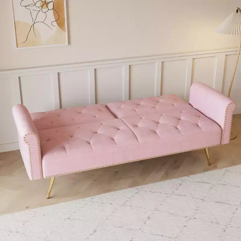 Canapé-lit moderne GDFStudio Ubon 70 en bois et velours, avec clous décoratifs et coussins